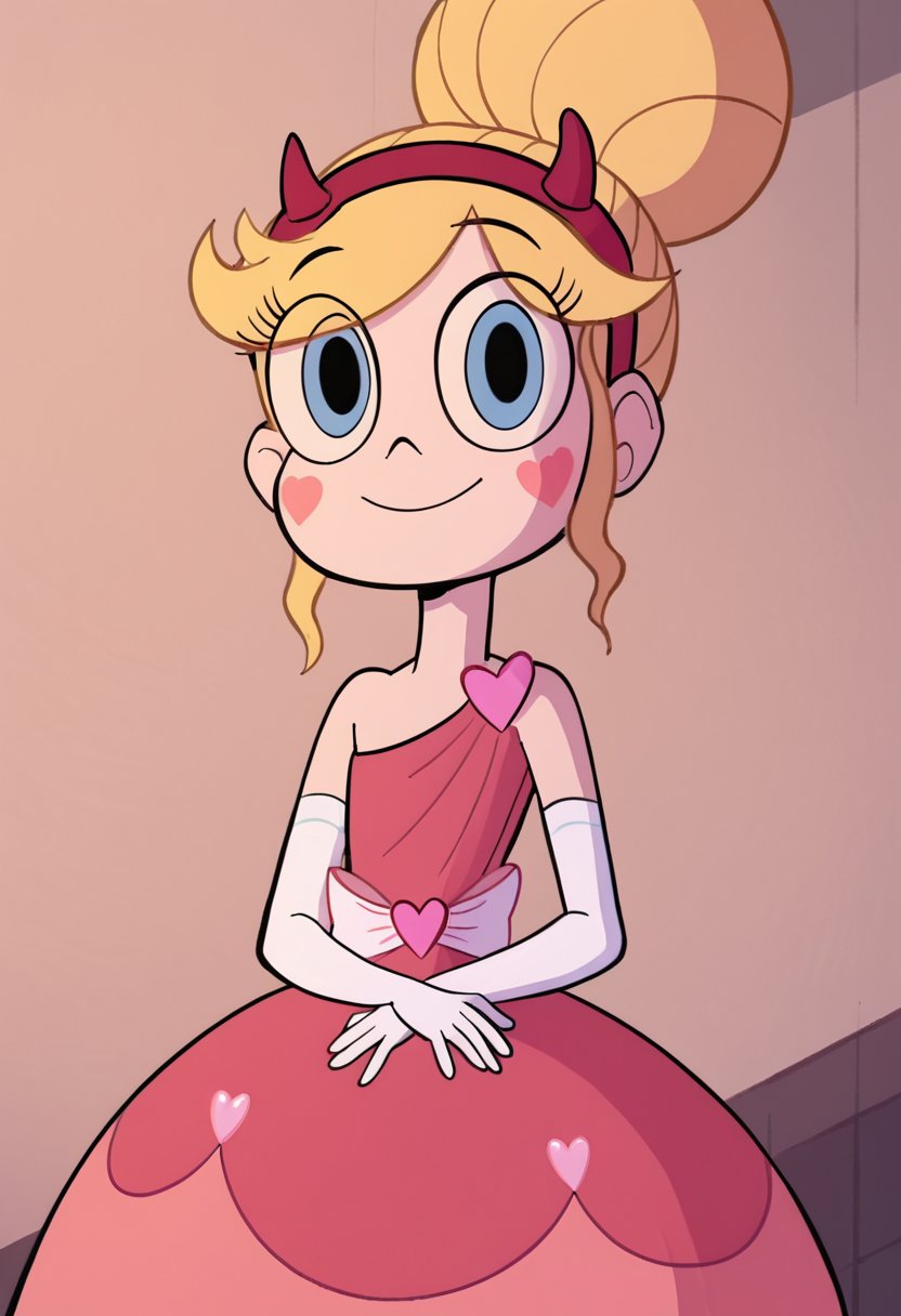 <lora:StarButterfly2.0:1> starbutterfly, blonde hair, 1girl, white boots, horned headwear, solo, elbow gloves, blue eyes, hair bun, pink dress, facial mark, smile, eyes visible through hair, score_9, score_8_up, score_7_up, score_6_up, score_5_up, score_4_up, looking at viewer,  