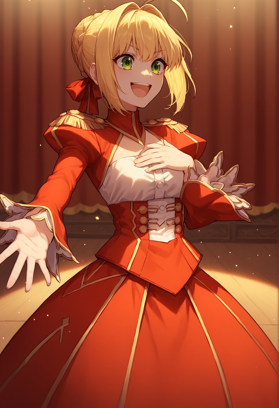 1girl, blonde hair, french braid, single hair bun, green eyes, ahoge, sidelocks, red dress, red skirt, Epaulettes, Clothing Cutout, long sleeves, smile, outstretched arm, hand on own chest, smile, closed yes, open mouth, stage  <lora:Mochiron_yo_da_yo:1>, score_9, score_8_up, score_7_up, score_6_up, score_5_up, score_4_up, BREAK source_anime, masterpiece