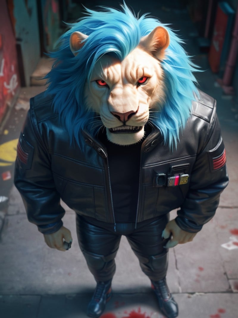 score_9, score_8_up, score_7_up, photorealistic, high quality, raw photo, male, furry lion, albino, (blue hair:1.2), red eye, black tight suit, jacket, alleyway, night time, top view, look at viewer, security camera pov, evil grin stare, stylize hairstyle, blood splattered on body, Cyberpunk 2077