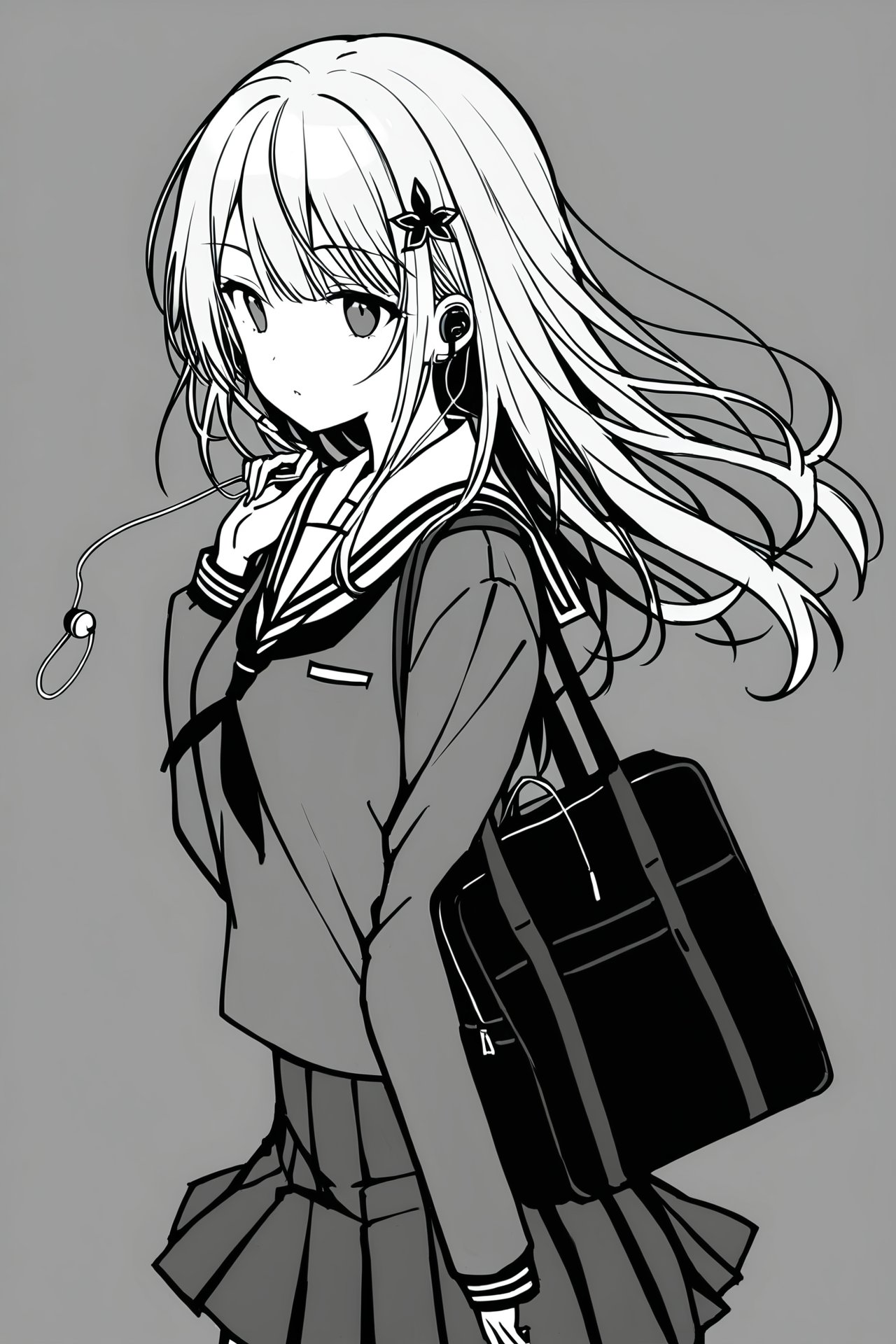 1girl,solo,Linesolo,greyscale,school uniform,bag,hair ornament,long hair,earphones,skirt,school bag,simple background,serafuku,pleated skirt,ribbon,earbuds,<lora:hansxl-XG:1>,