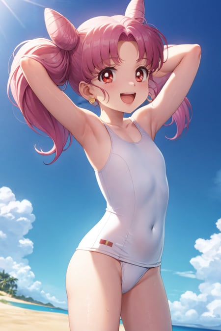 masterpiece, best quality,1girl, chibiusa, pink hair, twintails, cone hair bun, double bun,  red eyes, earrings,school swimsuit, hands behind head, one-piece swimsuit,open mouth, smile, happy, solo, looking at viewer, sea, sand, blue sky, tropical island background  <lora:Chibiusa:1>