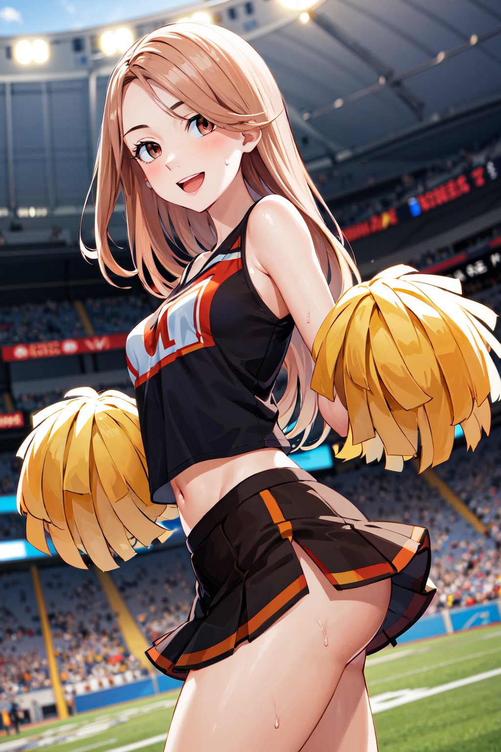 masterpiece, best quality, highres, 1girl, solo, long hair, brown hair, brown eyes, <lora:shiba_yuzuha_v1:0.7>, cheerleader, pom pom \(cheerleading\), miniskirt, smile, open mouth, sweat, stadium, 