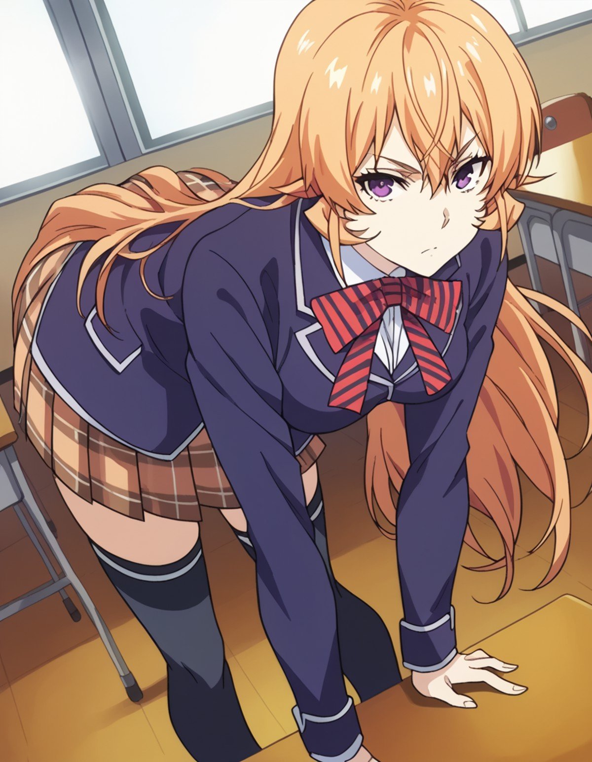 score_9, score_8_up, score_7_up, source_anime,erinanakiri, <lora:erina-nakiri-s1-ponyxl-lora-nochekaiser:1>,erina nakiri, long hair, orange hair, purple eyes, hair between eyes,skirt, thighhighs, bow, school uniform, jacket, pleated skirt, shoes, black thighhighs, zettai ryouiki, plaid, plaid skirt, blazer,indoors, classroom, bent over,looking at viewer, cowboy shot, dutch angle, solo,