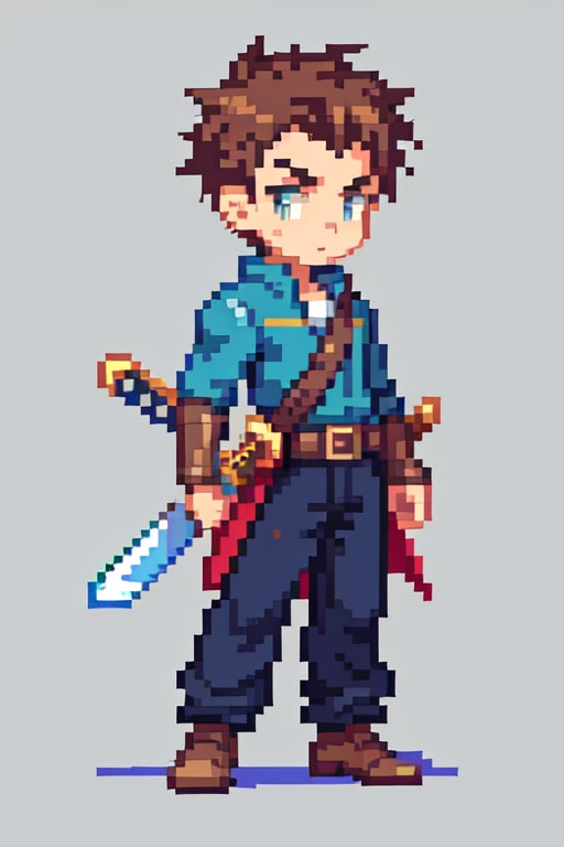 pixel,pixel art,game character,a boy with a long sword,gray background,<lora:像素融合6:1>,