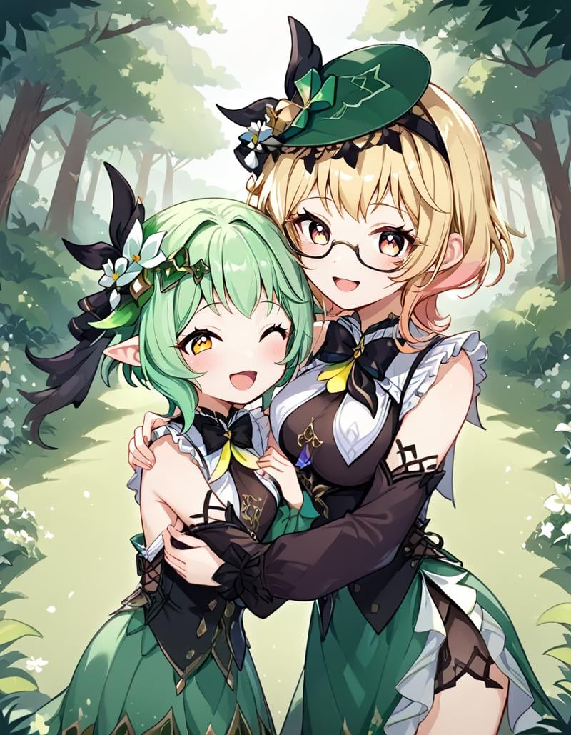 score_9, score_8_up, score_7_up,duo,2girls hugging each other, happy, cute ,laughing,em1lie,BREAKnahida, green hair, size difference,BREAKforest background, flowers, <lora:emilie:0.9>