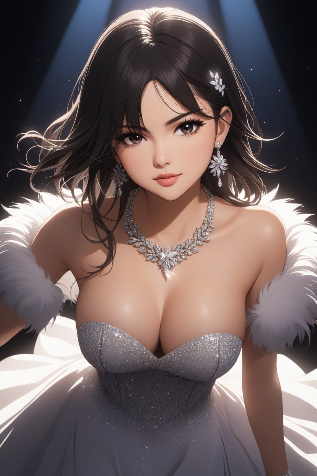 1girl, Selena Gomez, solo, black hair, mole under mouth, strapless dress, hair over one eye, mole, dress, jewelry, strapless, necklace, bare shoulders, long hair, earrings, hair ornament, fur trim, large breasts, foreshortening, cinematic angle, cinematic lighting, masterpiece, best quality,