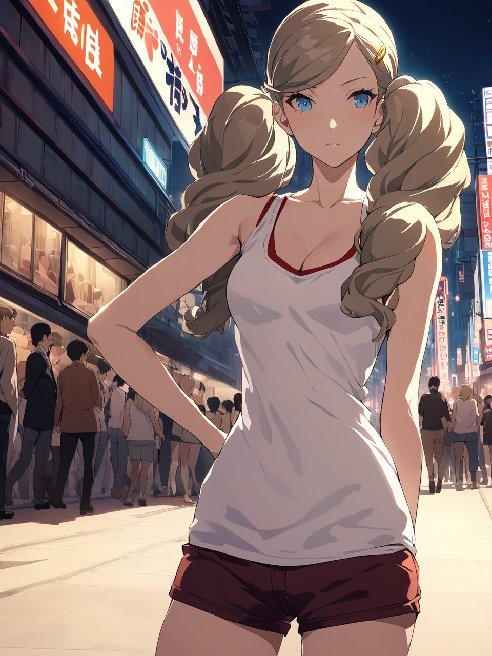 dsann, blonde hair, long hair, twintails, swept bangs, blue eyes, hairclip, tank top, shorts, 1girl, soloBREAKcrowded tokyo street, night, depth of field, cinematic, masterpiece, best quality, game cg <lora:dsann_a3b:1>