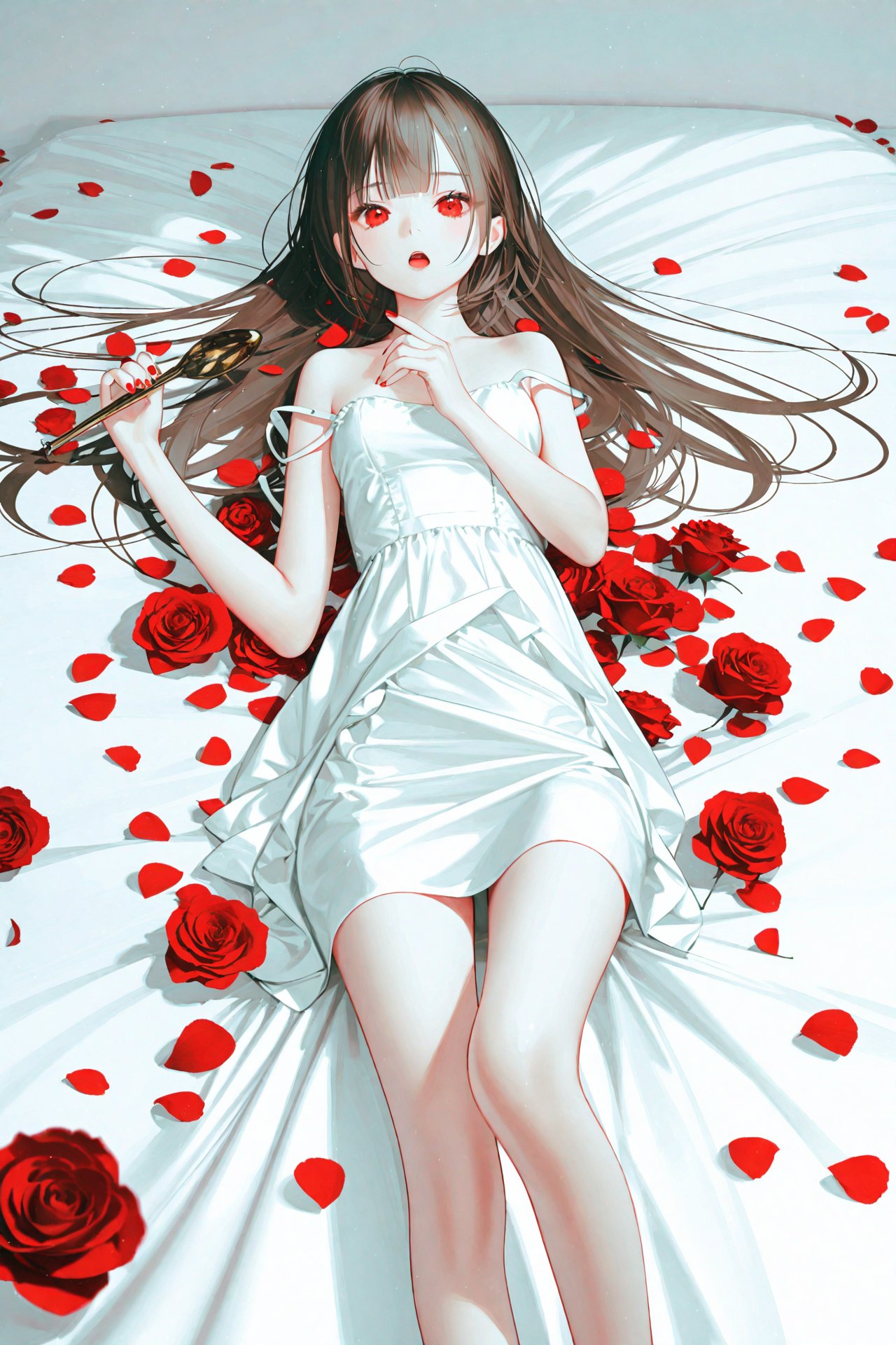 masterpiece,best quality,illustration,ultra detailed,hdr,Depth of field,(colorful),[Artist chen bin],[iumu],[Artist omone hokoma agm],Artist roha,1girl,solo,petals,red eyes,long hair,lying,brown hair,flower,on back,rose,looking at viewer,strap slip,open mouth,nail polish,red flower,bare shoulders,rose petals,bed sheet,bare arms,dress,white dress,red rose,sleeveless,red nails,breasts,sleeveless dress,holding,curtains,