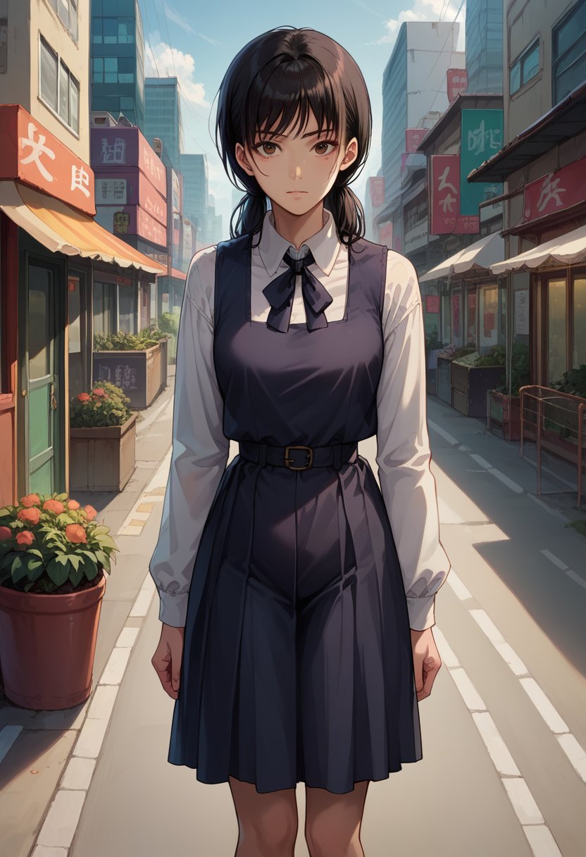 score_9, score_8_up, score_7_up, looking at viewer,<lora:Yoru_Chainsaw-Man_Pony-000008:0.8>, asa_mitaka, brown eyes, black hair, black ribbon, black pinafore dress, emotionless, outdoors, city