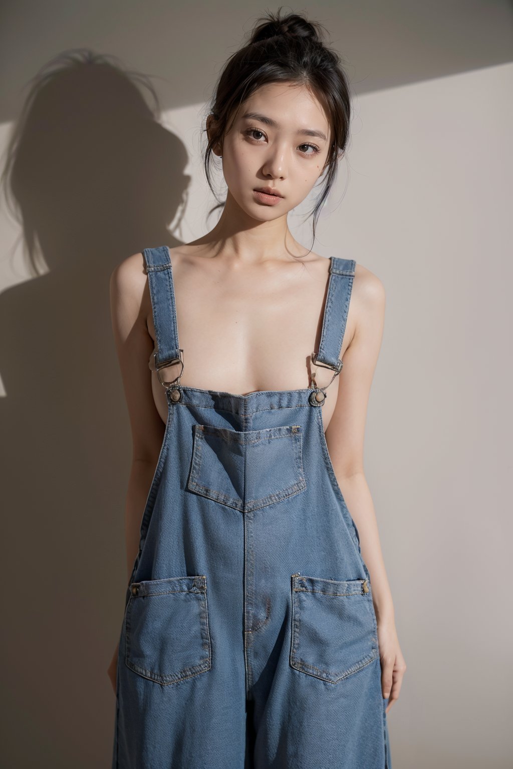 masterpiece,best quality,ultra high res,1girl,tashan naked overalls,Wide view,Romantic canclelight,Follow camera,<lora:20240412beidai-v1:0.6>,Orphanage shrouded in midnight shadows.,