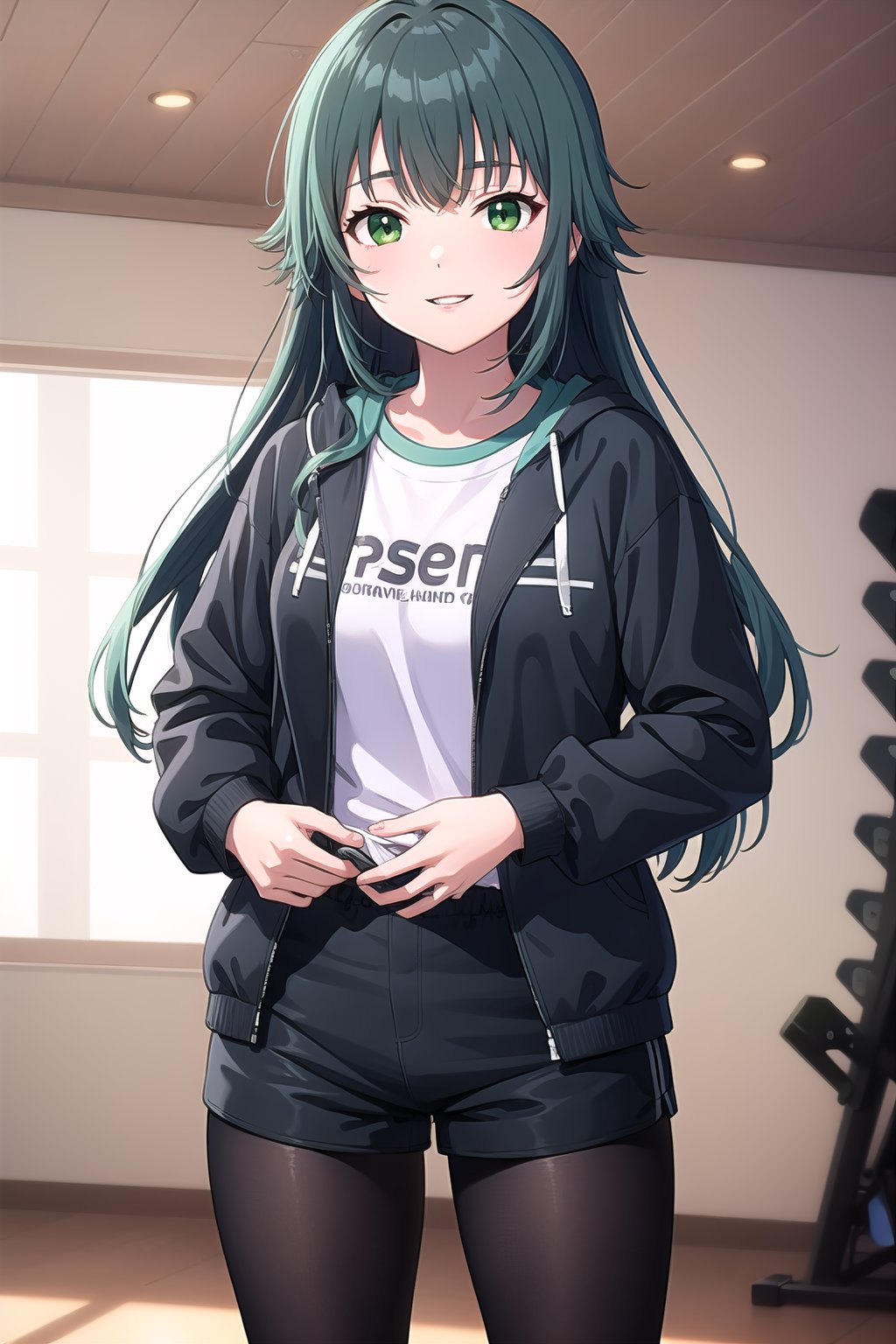 (masterpiece, best quality), highly detailed background, perfect lightingbest quality, tsukimuratemari, solo, indoors, gym, dark green hair, ahoge, crossed bangs, messy hair, very long hair, green eyes, medium breasts, black hoodie, hood down, hooded jacket, black jacket, open jacket, long sleeves, white shirt, clothes writing, black shorts, short shorts, black pantyhose, smile, closed mouth, :), parted lips, <lora:Tsukimura-Temari:0.7>