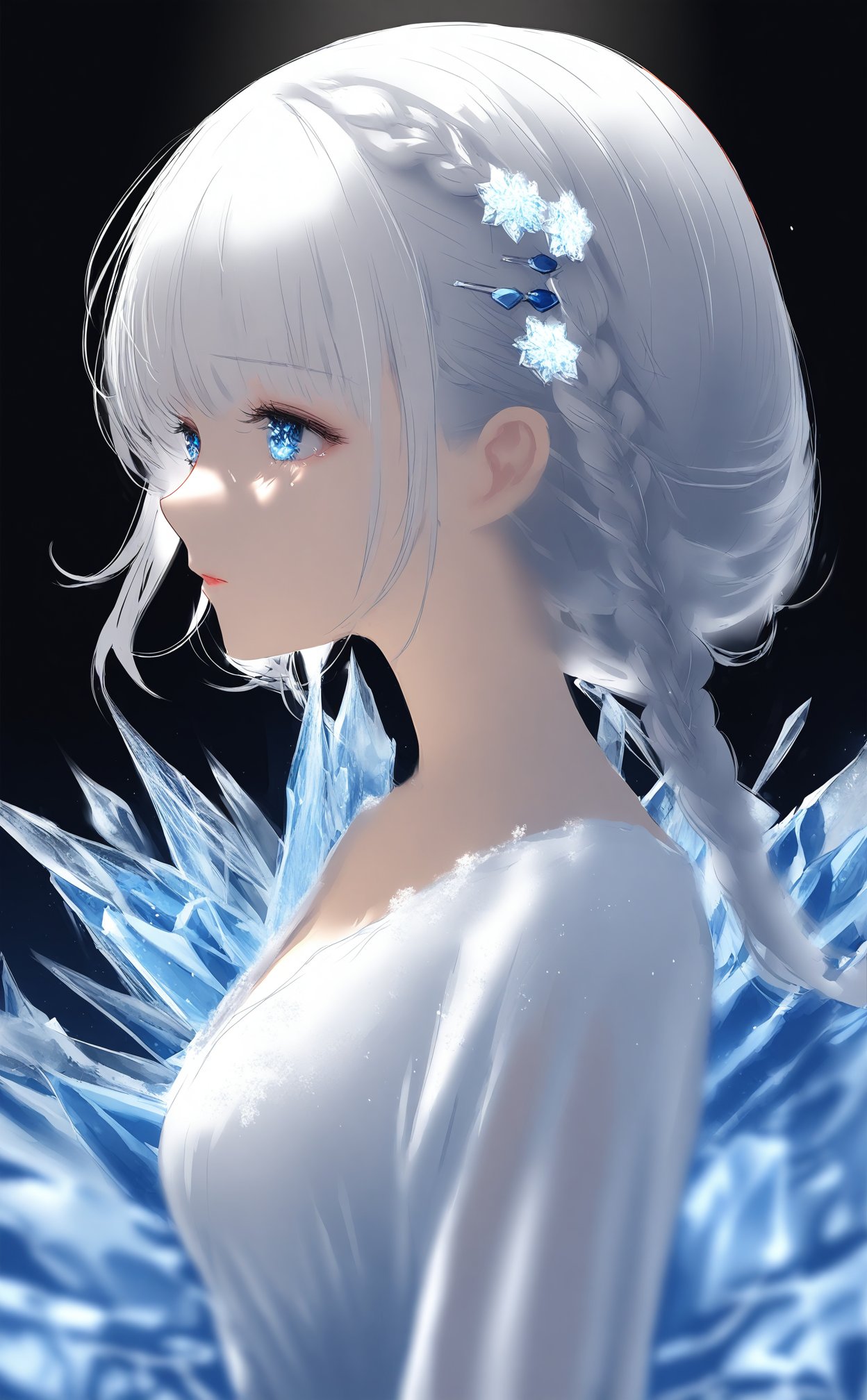 (masterpiece),(best quality),illustration,ultra detailed,hdr,Depth of field,(colorful),loli,wlop,1 girl,loli,White Dress,White short hair,braids,lily flower hair clip,upper body,cry,water,black background,Ice crystal,dappled sunlight,Suspended colorless crystal,beautiful detailed glow,(detailed ice),beautiful detailed water,