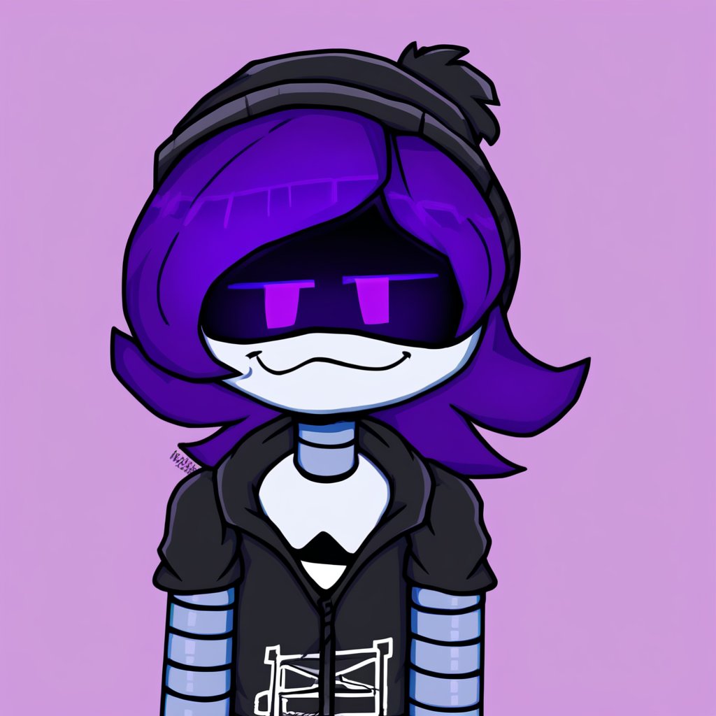 1girl, Uzi, Purple Hair, Purple Eyes, Robot, Visor, Black Hoodie, beanie, smug