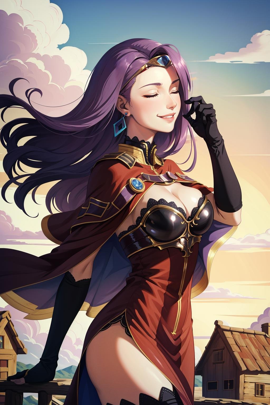 masterpiece, best quality, defsonya, circlet, purple cape, earrings, cleavage, red dress, black gloves, black thighhighs, high heels, from side, hair flip, hand at hair, closed eyes, smirk, sky, clouds, rustic village <lora:sonya-nvwls-v1-000012:0.9>