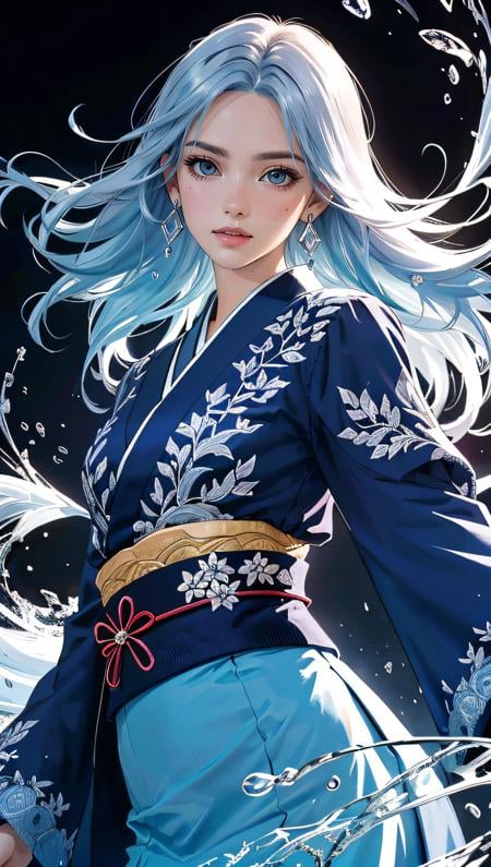 (best quality, masterpiece, colorful, dynamic angle, highest detailed)full body photo, ull body photo epic realistic, (close up), 1girl, floating blue_hair, long hair, (water:0.7), waterdrop, wet, holding_katana, blue_kimono with intricate pattern, ultra detailed, (textured_clothing), black_background,  (intricate details, hyperdetailed:1.15), detailed, light passing through hair, (official art, extreme detailed, highest detailed),