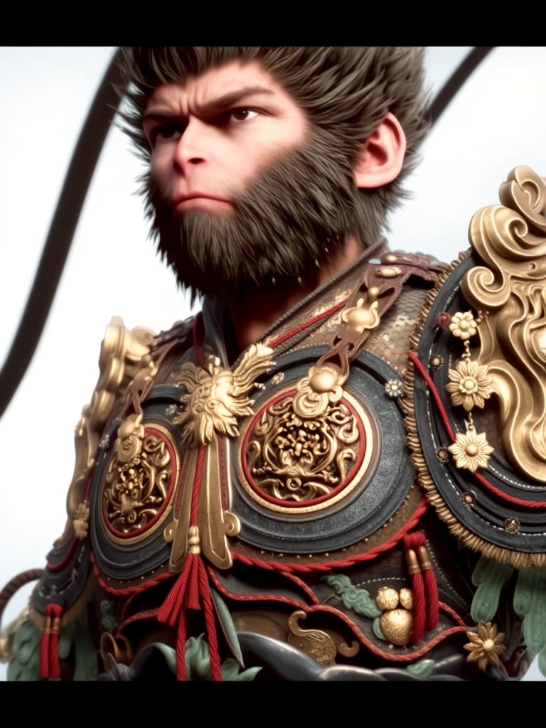 wukong, This image is a highly detailed digital illustration featuring a fierce, mythical character with an anthropomorphic appearance. The character is depicted as a humanoid figure with a large, muscular build and a prominent, bushy mane of dark hair. He has a stern, serious expression with sharp, piercing eyes and a slightly raised brow, suggesting a sense of determination or readiness.The character is dressed in ornate, elaborate armor that is richly detailed with intricate patterns and motifs. The armor is predominantly dark, likely black or dark blue, with gold and silver accents that catch the light, giving it a shimmering effect. The armor is adorned with various decorative elements, including ornate shoulder pads, intricate designs on the chest plate, and long, flowing red ribbons that add a touch of color and contrast. The armor is heavily embellished with traditional Asian motifs, such as dragons and floral patterns, indicating a possible East Asian influence in the design. look at viewer <lora:wukong:1>