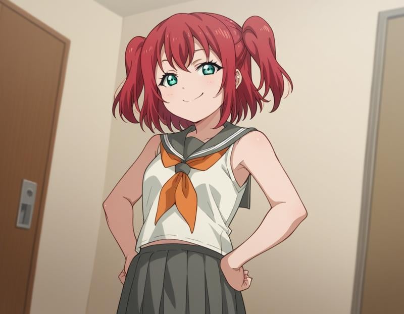 score_9, score_8_up, score_7_up, source_anime, <lora:ruby-kurosawa-s2-ponyxl-lora-nochekaiser:1>, ruby kurosawa, short hair, bangs, green eyes, red hair, aqua eyes, two side up,, shirt, school uniform, white shirt, serafuku, neckerchief, uranohoshi school uniform, orange neckerchief, sleeveless, skirt, pleated skirt, grey skirt,, indoors, smug, smile, looking at viewer, solo, hands on hips,, cowboy shot, dutch angle