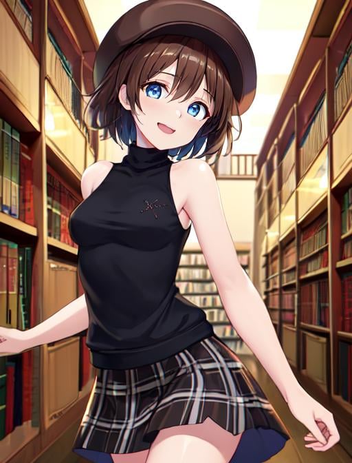 best quality, masterpiece, highres, detailed, digital artwork, <lora:Detail - add_detail:0.2>, HelgaHaruka, blue eyes, brown hair, short hair, brown hat, black sweater, sleeveless turtleneck, checkered skirt, <lora:Character - HelgaHaruka:0.8>,haunted library, happy, long skirt,