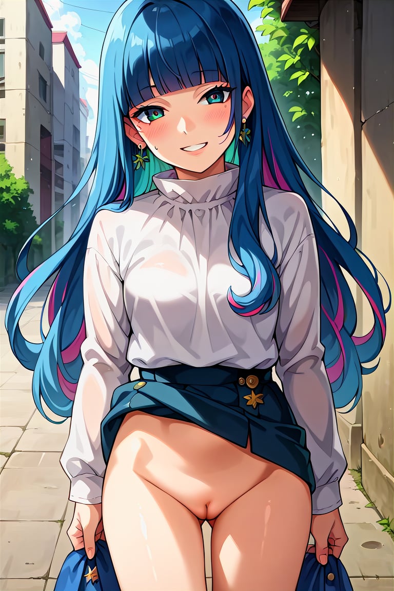 score_9, score_8_up, score_7_up, score_6_up, score_5_up, score_4_up, rating_questionable, , source_anime, digital illustration, pixiv, fanbox, uncensored, , BREAK, official art,1girl, solo, female, eida, blue hair, blunt bangs, colored colored inner hair, long hair, earrings, long sidelocks,white shirt, long sleeves, jewelry, outdoors, light smile, blush, cowboy shot, looking at viewer, colorful, vivid   <lora:Eida_Pony-10:0.8>