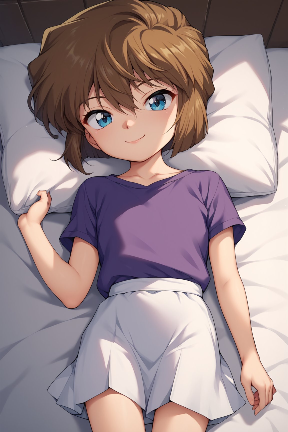 score_9, score_8_up, score_7_up, score_6_up, score_5_up, score_4_up, AiHaibaraDCXL, child, retro artstyle, big eyes, blue eyes, brown hair, hair between eyes, short hair, flat chest, collarbone, purple shirt, short sleeves, white skirt, solo, lying on bed, seductive smile, looking at viewer, indoors <lora:AiHaibaraDCXL:0.8>