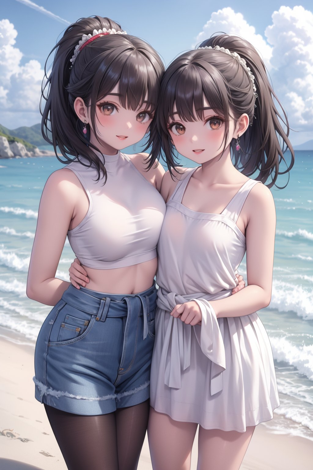 multiple girls,3girls,skirt,brown hair,beach,ponytail,jewelry,brown eyes,smile,looking at viewer,cloud,sky,long hair,tank top,ocean,jacket,shirt,earrings,outdoors,clothes around waist,