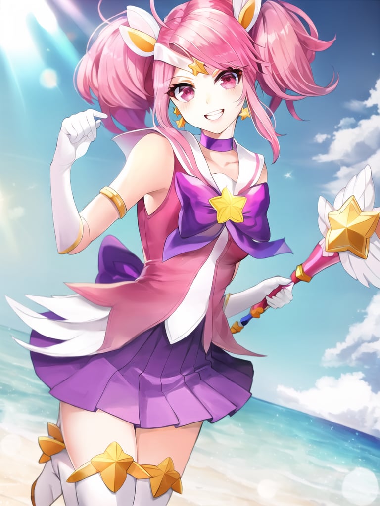 beach, star guardian lux, lux \(league of legends\), star guardian \(league of legends\), league of legends, 1girl, armlet, boots, bow, choker, earrings, elbow gloves, gloves, hair ornament, jewelry, magical girl, pink eyes, pink hair, pleated skirt, purple skirt, ribbon, skirt, smile, solo, thigh boots, thighhighs, tiara, twintails, white gloves, <lora:star_guardian_lux-000031:1>