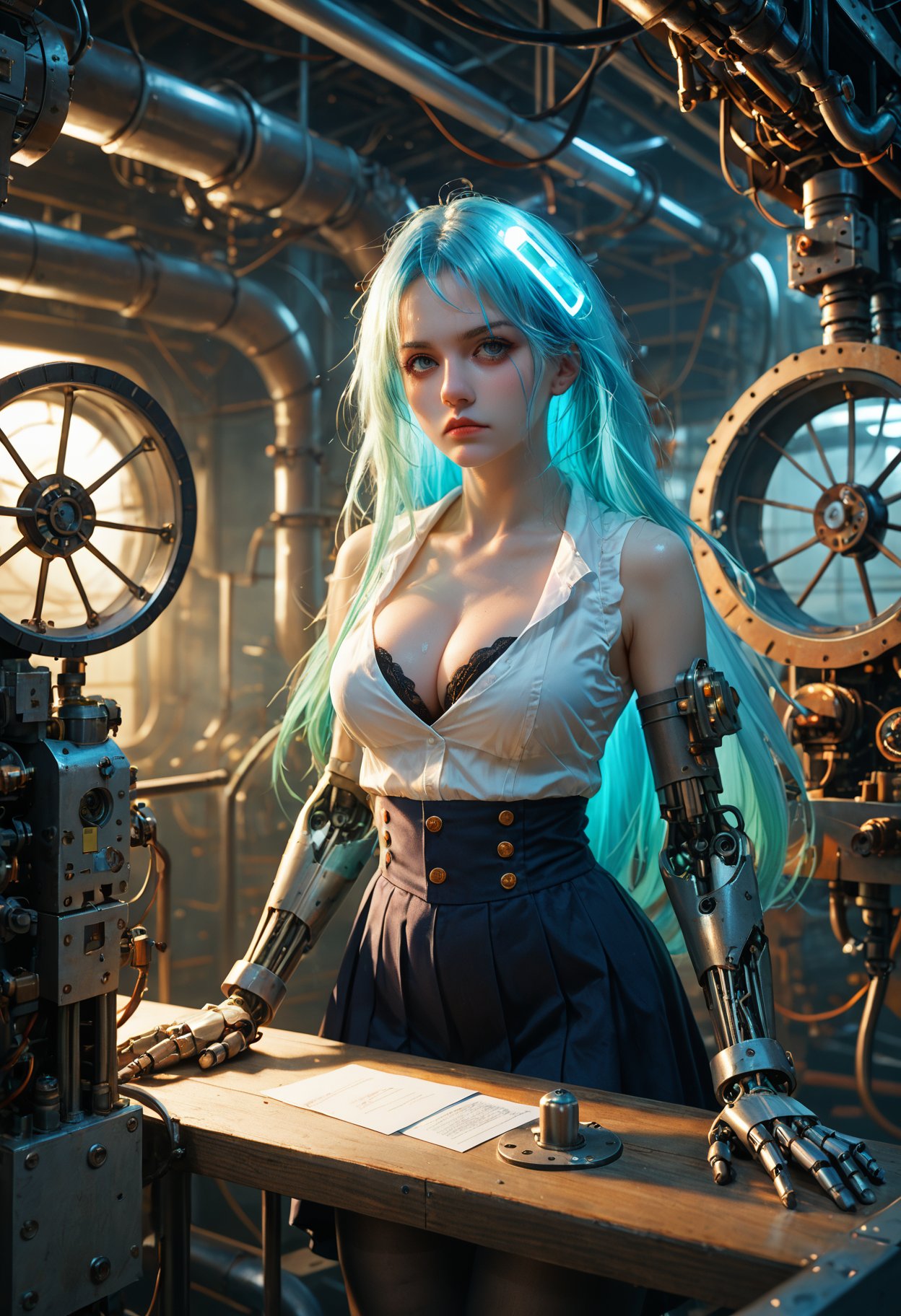 score_9,score_8_up,score_7_up,masterpiece,best quality,8k,dramatic lighting,cold colors,night,steampunk,laboratory,complex scenes,intricate mechanical structure,pipeline,piping,paper wheel,metallic luster,the girl sat in front of the test bench and did a serious experiment,large_breasts,black_pantyhose,broken pantyhose,cleavage,skirt,very long hair,mechanical arm,glowing hair,white gradient hair,