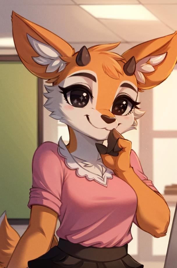 1girl, (anthro furry:1.2), TsunodaCzar, (two-toned fur, orange fur, black eyes, deer ears, horns, snout), (pink blouse, black skirt, smiling), (interior, office), (masterpiece:1.2), hires, ultra-high resolution, 8K, high quality, (sharp focus:1.2), clean, crisp, cinematic, <lora:Tsunoda-10:1>