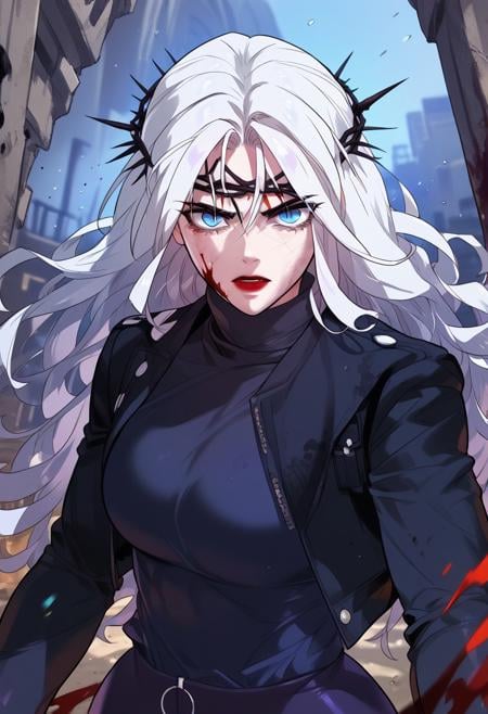 zPDXL3, score_9_up, score_8_up, score_7_up, (Anime_source), 1girl, Vampire mode, blue eyes, white hair, long hair, thorn crown, cowboy shot, looking at viewer, dutch angle, particles, blood, floating hair, ruins in background