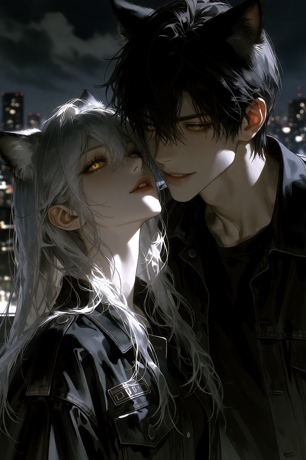 viewed from a close-up angle in dramatic nighttime lighting with a dark,  muted palette,  a woman with long silver hair by...