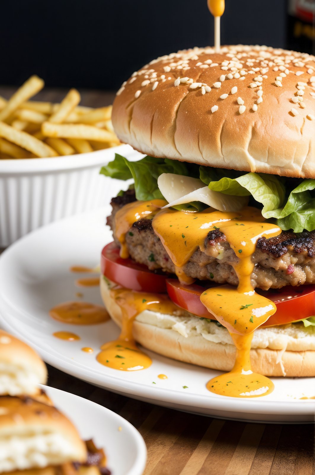 food photography photo of a burger with cheese, maximum detail, foreground focus