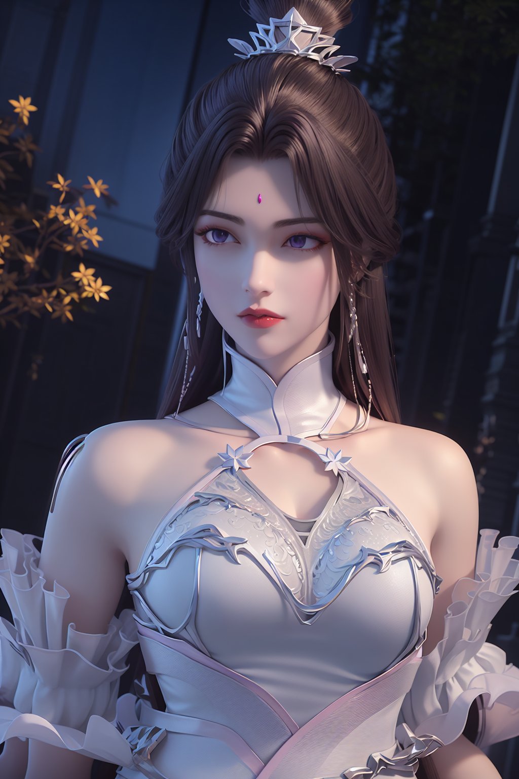 yuechan, 1girl, solo, cloud,night, sky, forest,small moon,star,upper body, purple eyes, lipstick,   white dress,expressionless, weapon,   long hair, hair ornament,hair bun<lora:laofanai_yuechan_changfu_v3:0.9>