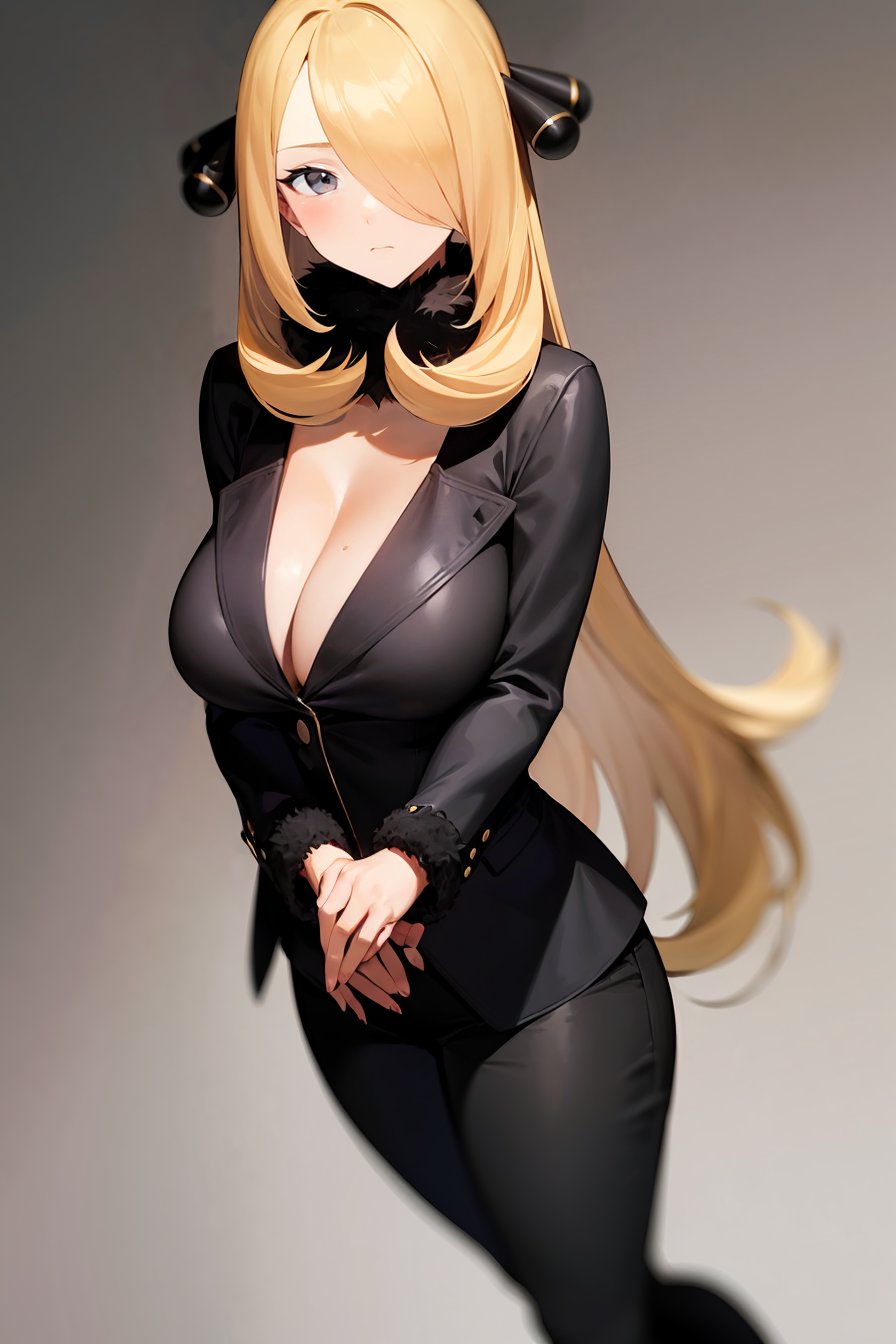 (masterpiece, best quality), 1girl, (solo), looking at viewer,<lora:Cynthia (Ikuchan Kaoru)-offset:1>, cynthia-IK, blonde hair, hair ornament, hair over one eye, long hair, large breasts,fur trim, pants, coat, cleavage, fur collar, long coat, black coat, black pants, black outfit,bored, disinterest, jitome, 