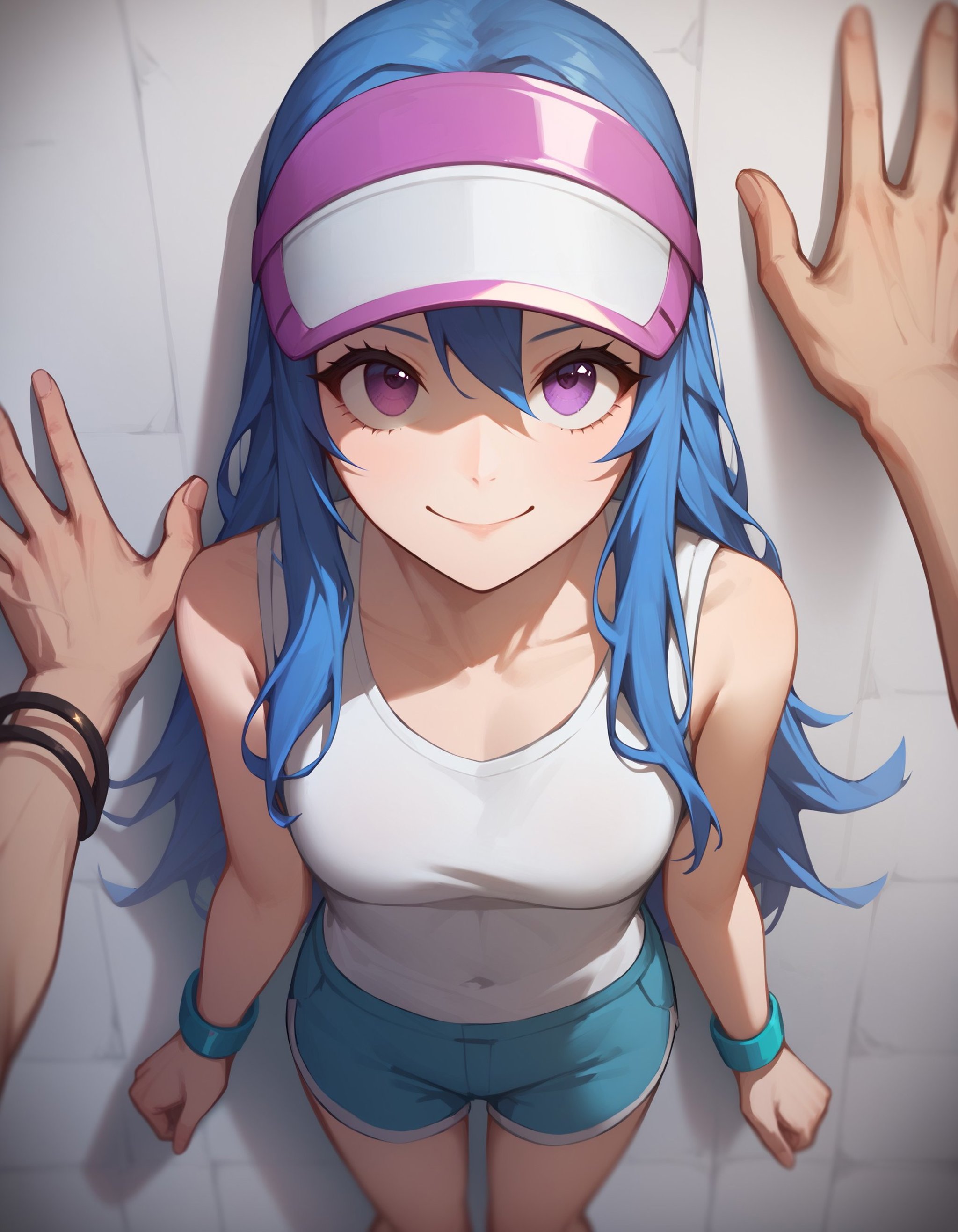 score_9, score_8_up, score_7_up, duo, 1girl, solo focus, long hair, blue hair, purple eyes, tank top, shorts, bracelet, visor, hat, from above, pov hands, kabedon, <lora:KabedompovPonyXL:1>, smile, looking up, wall \(structure\)