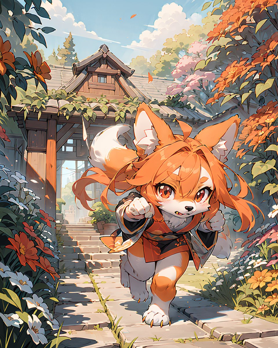 best hands,best quality,(masterpiece,ultra detailed 8k art),chibi, (Deformed,illustration),running,Fluffy,Anime style, (anthro, 1 girl,furry girl,drooping ears dog),out door, chinese clothes,orange long hair, (orange drooping ears),(drooping ears:1.2), orange tail, red eyes,flower garden