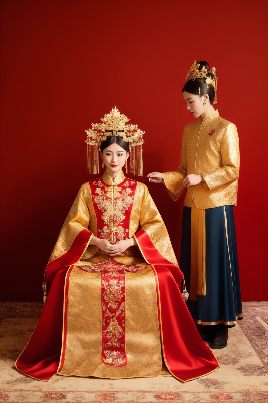 Asian woman, traditional Chinese wedding dress, red gold embroidery, seated, headdress, Chinese bridal crown, tassel earrings, intricate makeup, groom assisting, black traditional attire, groom hat, red backdrop, studio portrait, standing pose, serene expression, cultural attire, ornate patterns, ceremonial outfit, side view, male assistant, elaborate costume, hand gesture, carpet floor, cultural representation, elaborate hairdo, historical theme, soft lighting, rich colors., masterpiece,best quality,ultra-detailed,