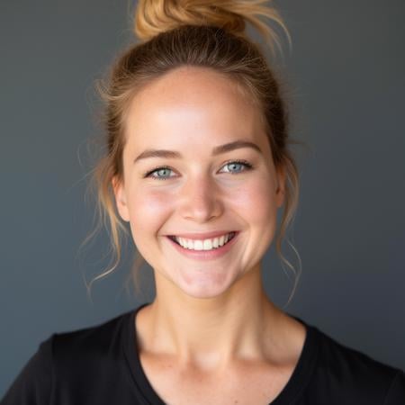 headshot photo of Jennifer, messy bun blond hair,  happy smiling expression, 4k kodak quality, ((masterpiece)), natural makeup, conservatively dressed for studio photo shoot,