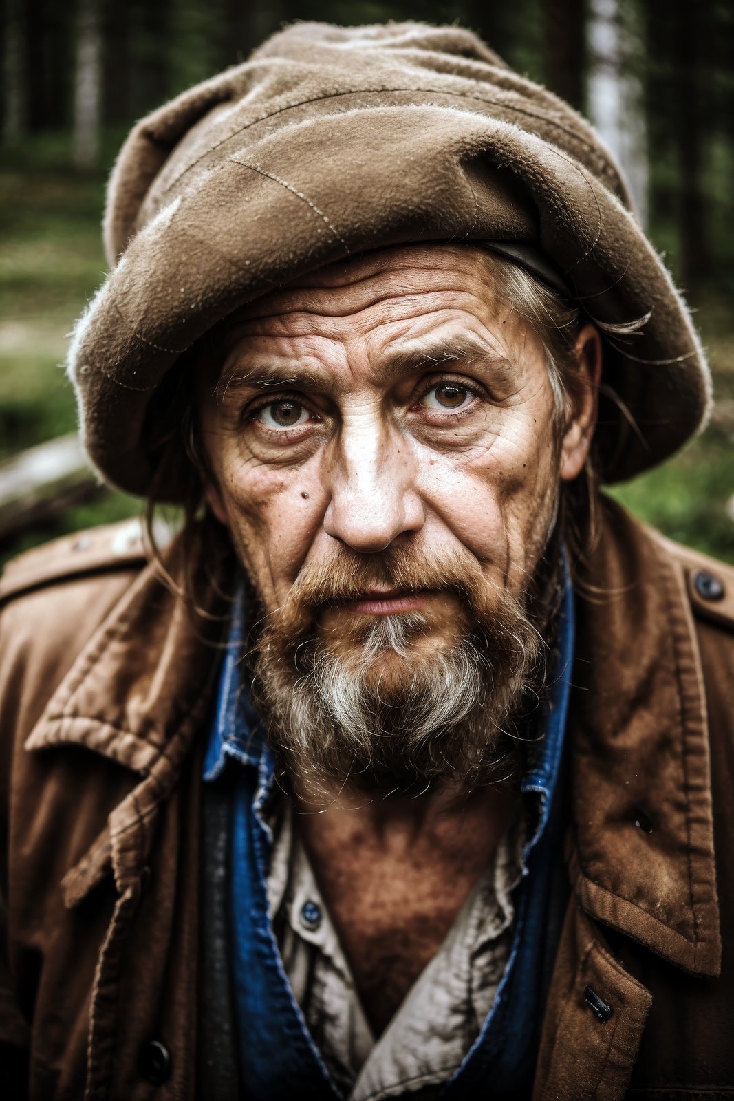 glamour portrait shot (from above:0.5) of poor Latvian 1800 old worker in rags, ((overwhelming fatigue)), wrinkles of age, photorealistic, moody colors, gritty, messy style of Alexey Savrasov, Ivan Shishkin, Ilya Repin, highly detailed,