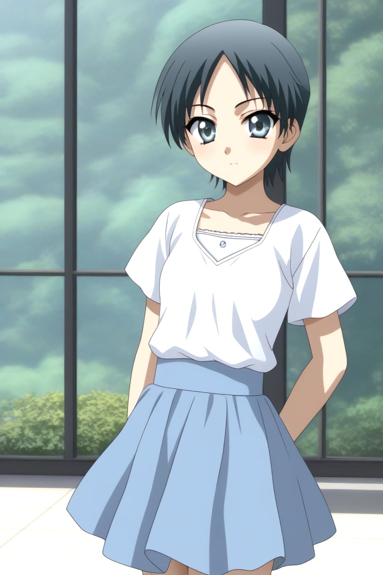 HD, 8k, highres, mantialiasing, Highly detailed, High Quality, masterpiece, beautiful, 1girl, solo, (young woman, 16 years old), 1girl, oruha hashimoto, short hair, black hair, grey eyes, small breasts, ((white shirt)), short blue skirt, looking-at-viewer, Focus waist<lora:EMS-431316-EMS:1.300000>