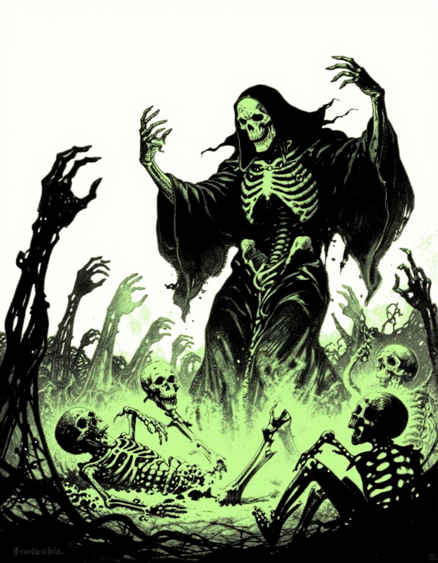 z_frazetta_ink,  necromancer raising the dead,  skeletons rising from the ground by inknoir on Tensor.Art