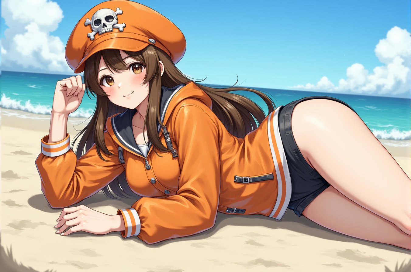 Sm1gas,  a girl in sunglasses sunbathing under the scorching sun on the beach,  orange jacket by Diona Loli on Tensor.Art
