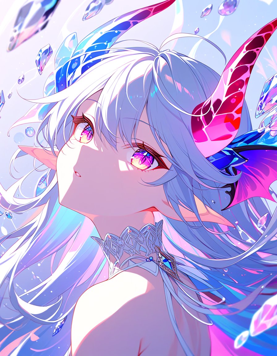 1girl,solo, portrait, close-up, eye focus,bubbles around, (lots of big colorful Bubbles:1.33), rainbow colors, colorful,iridescent long hair, iridescent horns, pointy ears,small breasts, shapely breasts,(beautiful detailed eyes:1.1), symmetrical eyes, clean facial features, good posture,succubus, succubus demon, succubus body, demon girl, demon horns,halter dress, detailed white dress with decorations, detailed detached sleeves, jewelry, gem, crystal,beautiful art, ultra-detailed, (8k:1.1), (HDR:1.1), (sharp focus:1.1), (intricate:1.1),(beautiful and aesthetic:1.2), (very detailed background:1.1), (highly detailed background:1.1),symmetrical, octane render, 35mm, bokeh, 9:16,(intricate details:1.15), (hyperdetailed:1.15), (soft light:1.2), (sharp:1.2), detailed,(backlighting:1.1), (detailed light:1.1), detailed background, extremely detailed, highest detailed,Iridescence, depth of field, flat color, vector art, negative space, fantasy, high contrast, cinematic angle, cinematic lighting,newest, recent, masterpiece, best quality, normal quality