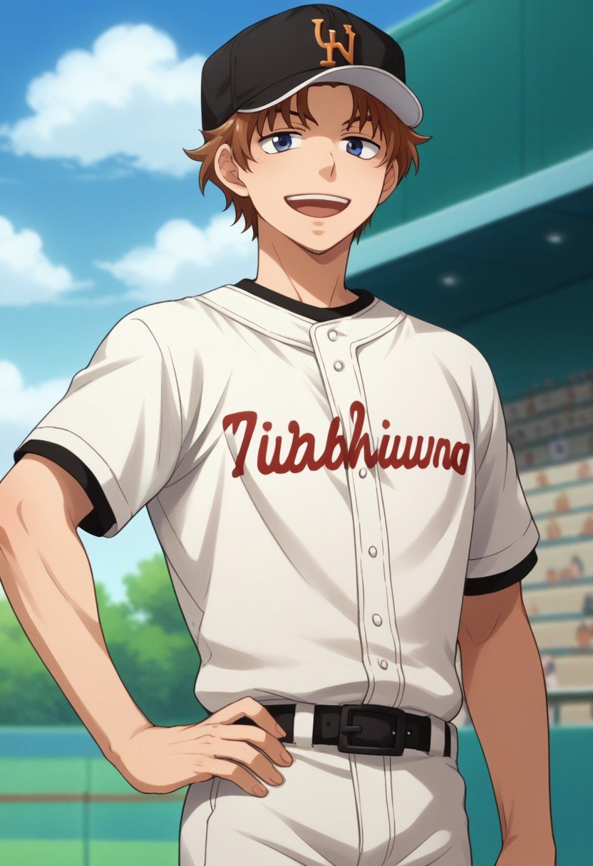 score_9, score_8_up, score_7_up, source_anime, highly detailed, fumiki, 1boy, male focus, brown hair, sportswear, hat, baseball cap, baseball uniform, smile, solo, hand on hip, open mouth, blue eyes, looking at viewer,