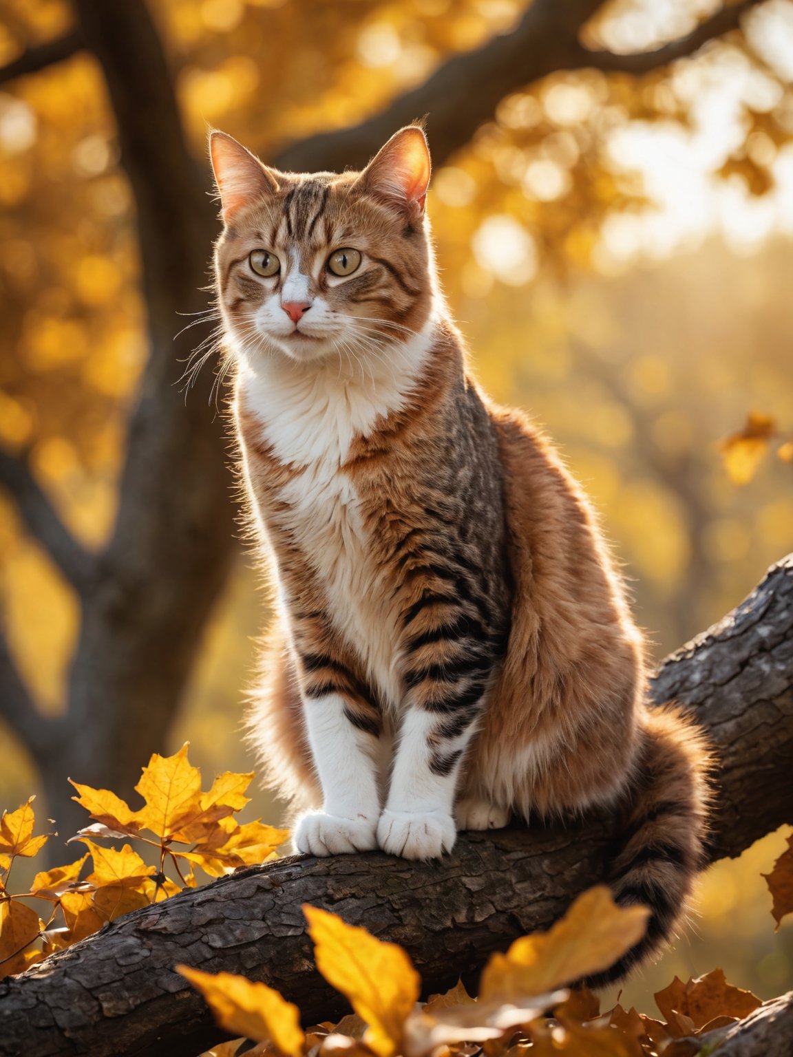 photo of a Cat poised gracefully atop an ancient oak tree, autumn leaves fluttering around, golden hour casting long shadows, backlit, sharp focus on feline, bokeh effect on background foliage, digital painting.