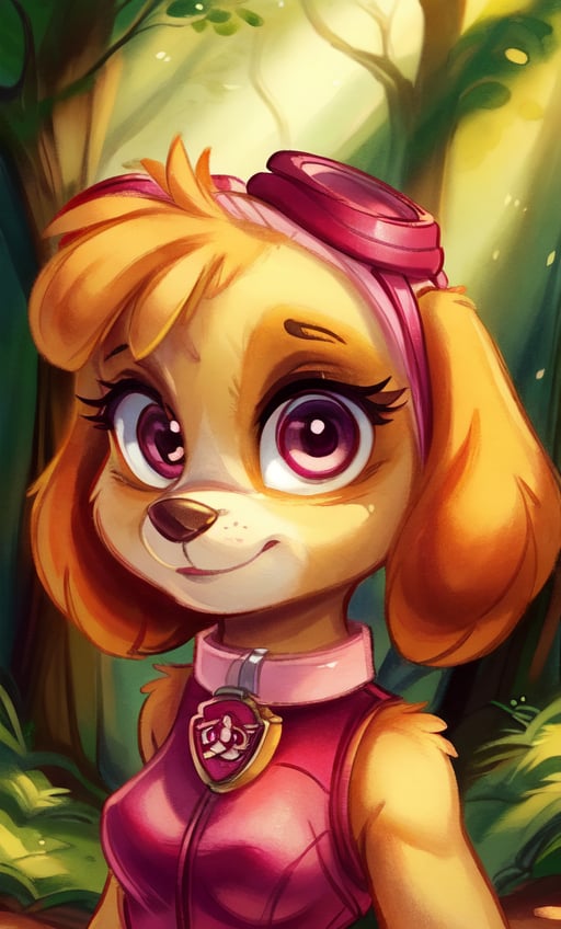 (by Spirale, by Liveforthefunk, by Birdpaw \(artist\), traditional media \(artwork\)),female, solo, female focus, smile, (:o:1.2),(anthro:1.4), small breasts, (portrait, looking at viewer:1.45),<lora:Skye_PawPatrol_RETRAIN:0.8> skyepawpatrol, skye \(paw patrol\), dog ears, floppy ears, goggles, (vest:1.2), collar, (forest),detailed background, depth of field, shadow, ambient silhouette, backlighting, masterpiece, best quality, 4k, 2k, (high detail, vector art:1.25), absurd res,