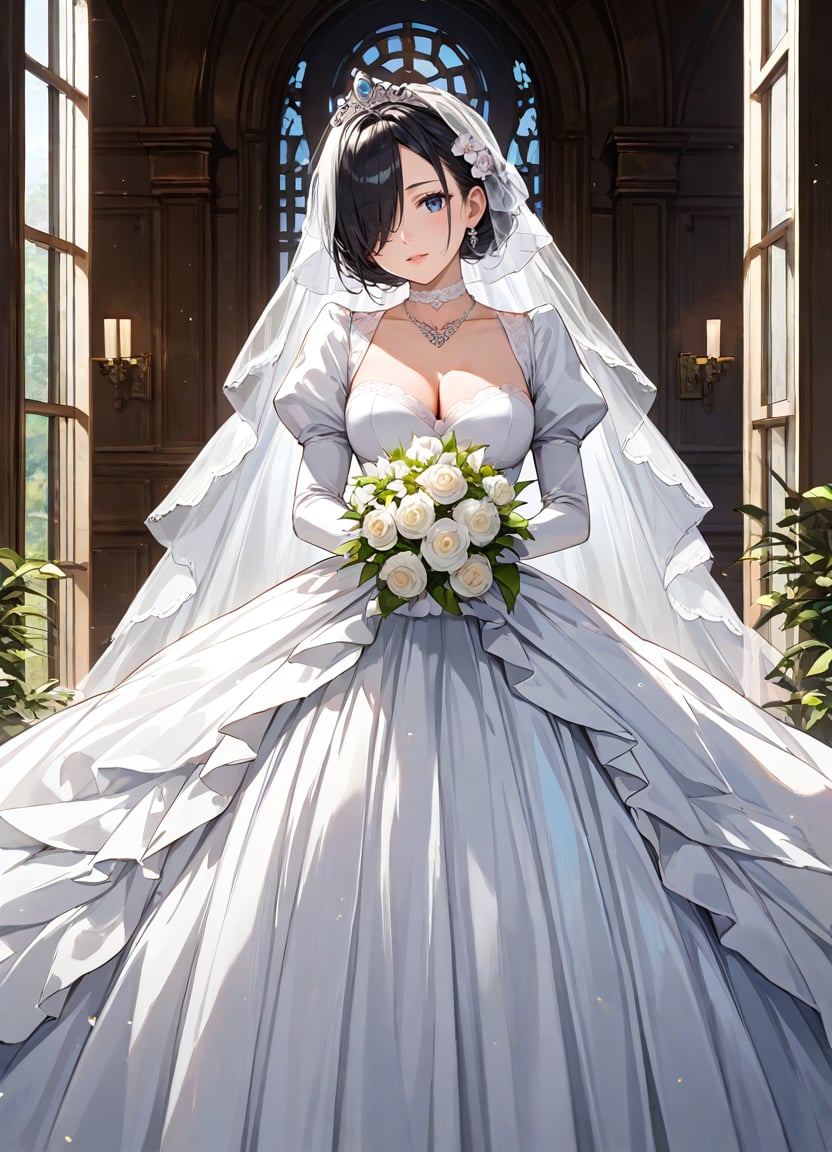 score_9, score_8_up, score_7_up ,source_anime, masterpiece, best quality, perfect anatomy , very aesthetic , official art, BRAKE1girl , princess, bride ,(breast, thigh: 1.1), black hair, shiny hair, hair over one eye, tsurime, shiny eye, over skirt, tiala, bridal vail,, (white silver satin), wedding dress,  lace trim, choker, necklace, long dress, lace gloves, juliet sleeves, puffy sleeves, long sleeves,Stately doors , Luxuriously decorated doors , Bridal chapel , cowboy shot ,