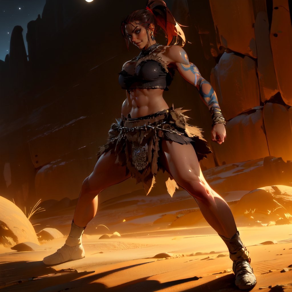 (((full body, dynamic pose, at night, fighting in desert)))<lora:D4FemBarbLoRA:0.7> fembarbarian, ponytail, tattoos, skirt, chains, top, shoes,beautiful eyes, beautiful girl, high detail skin, high detail eyes, high detail hair, highres, ultra detailed, sharpen picture, Highly detailed, masterpiece, best quality, photorealistic, big smile,