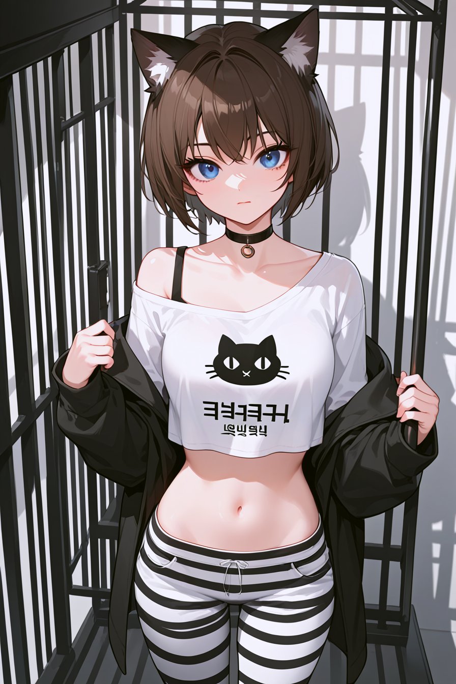 score_9, score_8_up, score_7_up, source_anime, rating_safe, 1girl, solo, looking at viewer, short hair, bangs, blue eyes, brown hair, shirt, long sleeves, navel, bare shoulders, closed mouth, standing, collarbone, choker, midriff, striped, pants, off shoulder, stomach, shadow, animal, black choker, cat, white pants, off-shoulder shirt, korean text, black cat, cage, striped pants, prison clothes