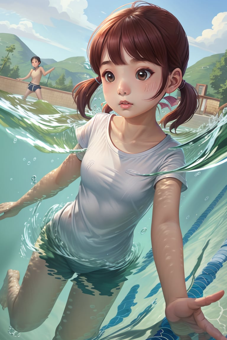 <lora:重返80年代_240816:0.8>,1girl,suneate,pondel,swimming,cover,white t-shirt,