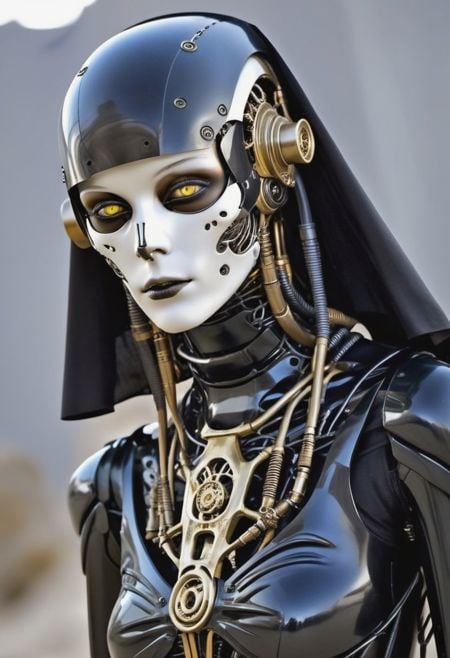 (girl), (skinny), (slender), (alien), (thin), (robot), (android), (cybernetic), (dune), (smooth), (cyborg), (mechanical), (tubes), (gears), (claws), (tentacles), (giger), (nun), (cross), (devine), (veil), (gold teeth), (rings), (golden teeth), (white eyes), <golden teeth:lora:1.6>